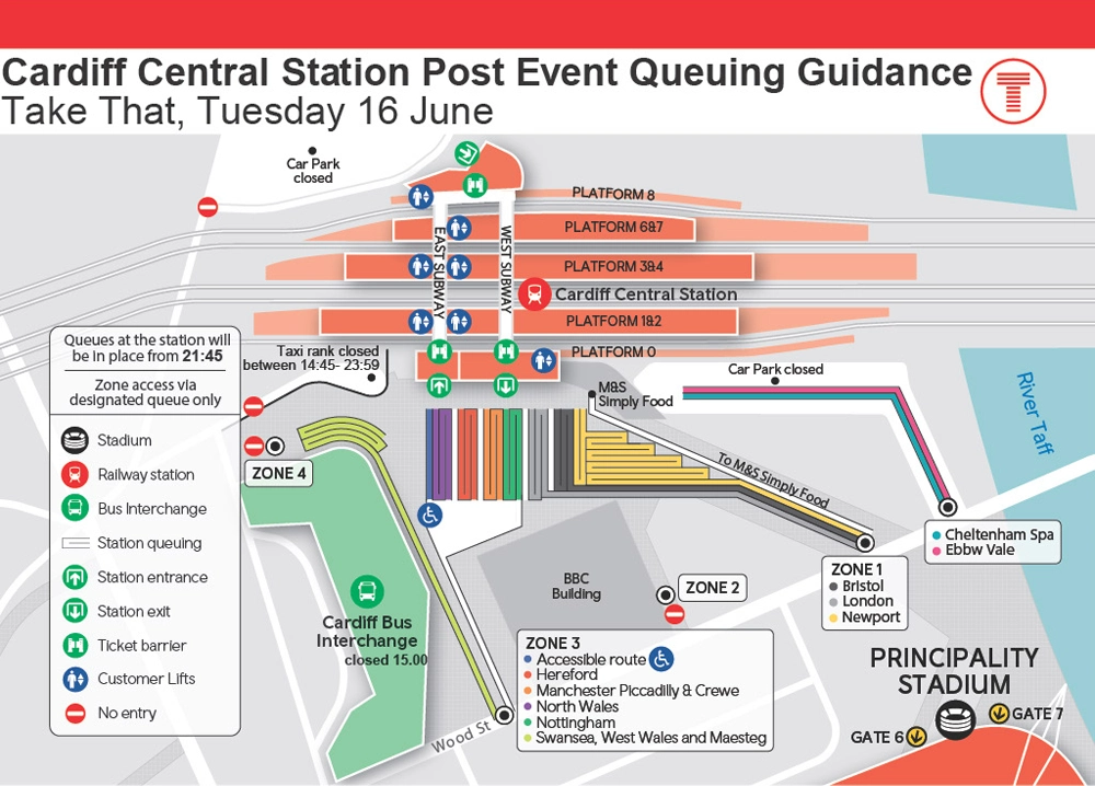 Cardiff Central station post event queing guidance