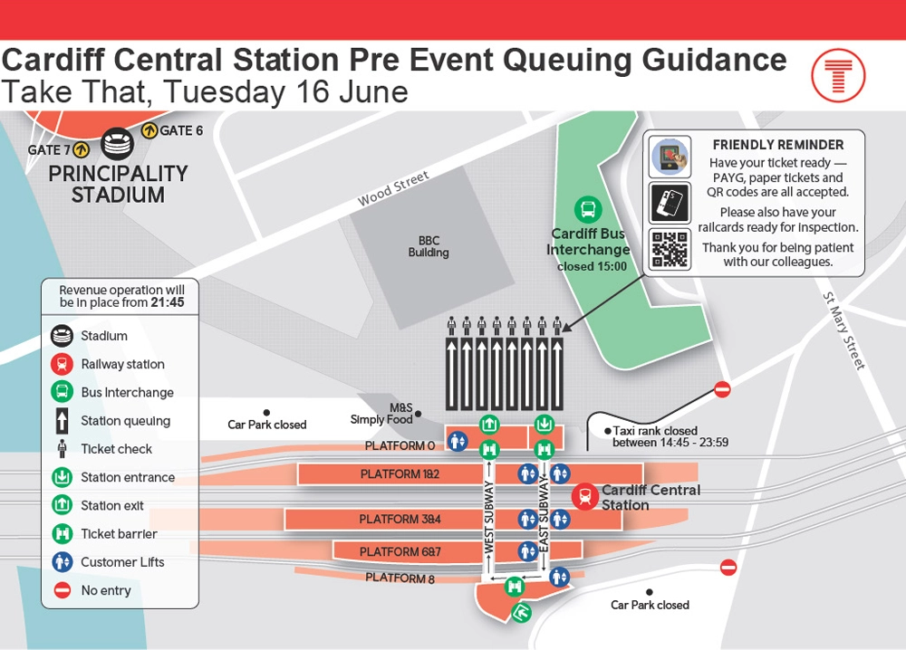 Cardiff Central station pre event queuing guidance