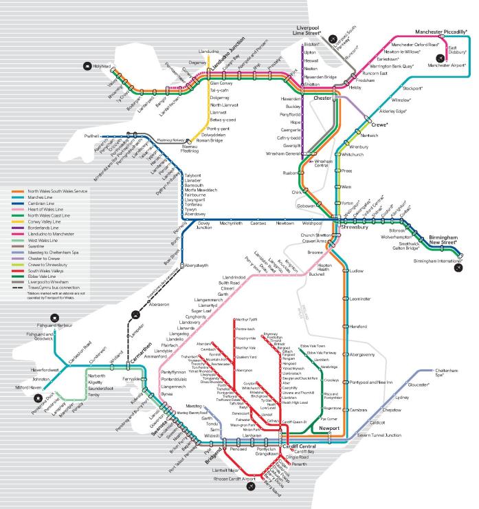 Map of the Transport for Wales (TfW) rail network with key
