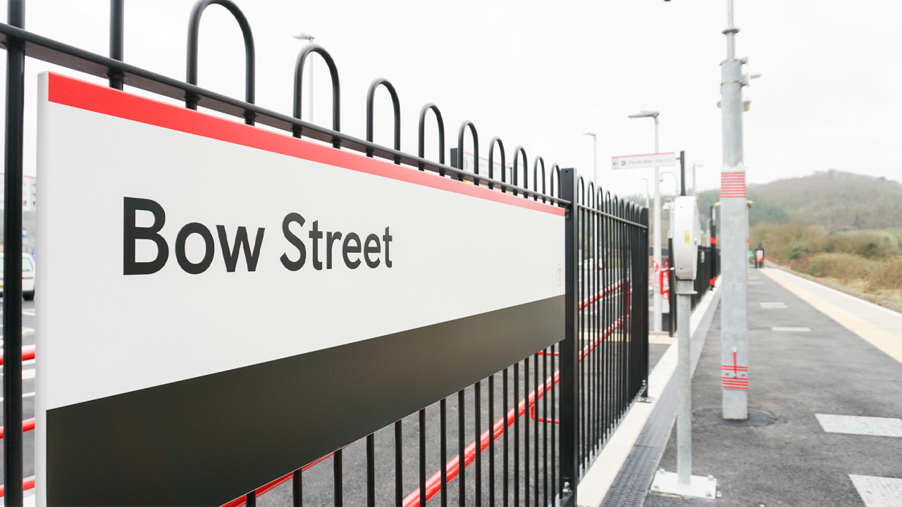 Bow Street station sign and platform