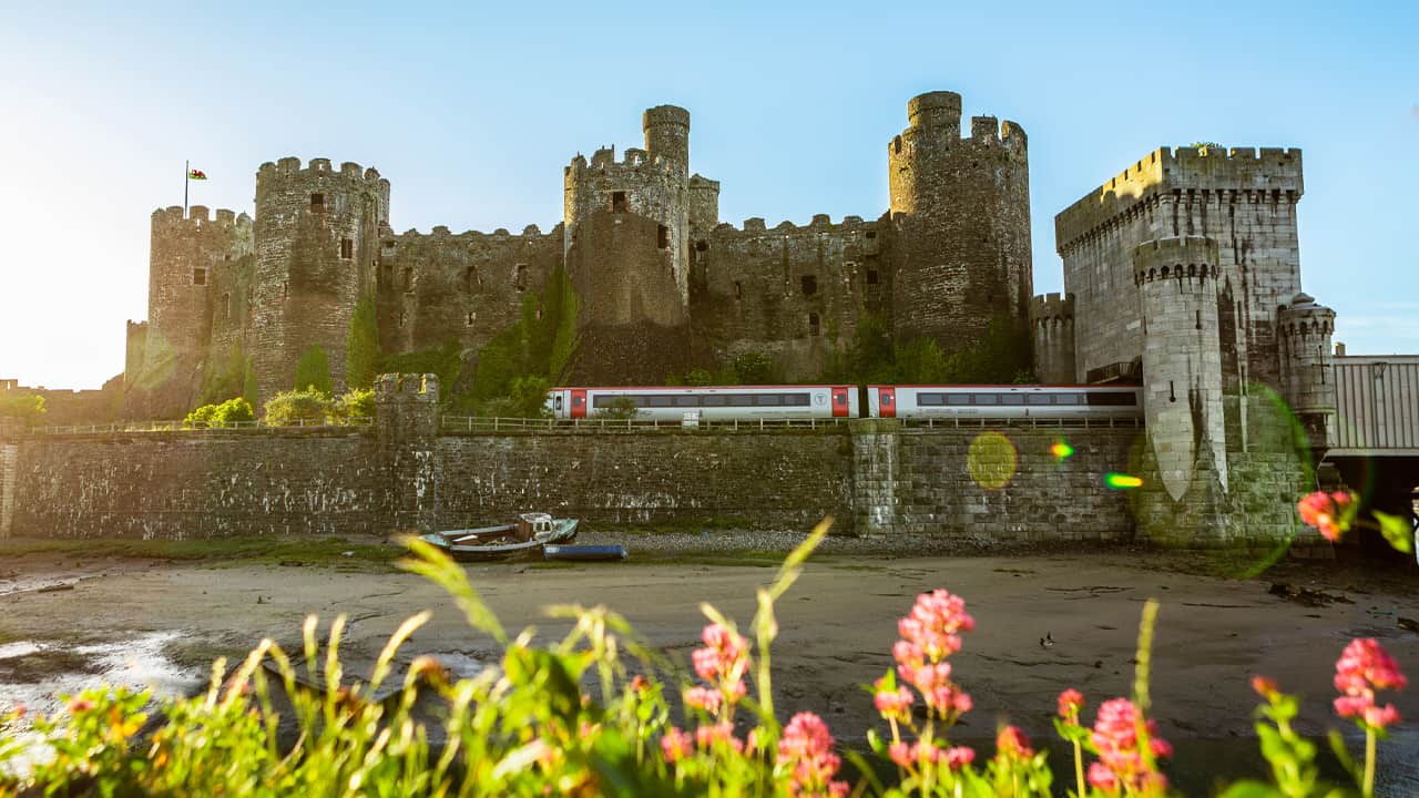 TfW train passing in front of Conwy Castle