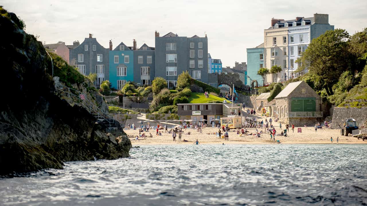 A view of the Tenby beach from the water