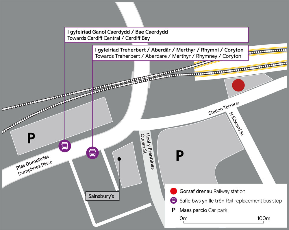 Map Caerdydd Heol y Frenhines | Cardiff Queen Street map