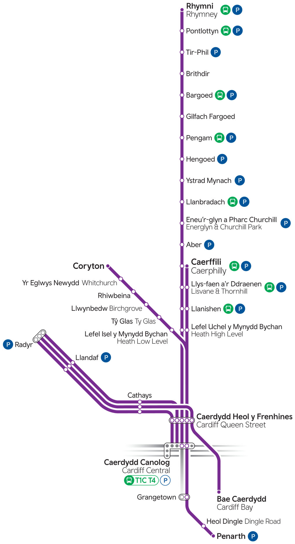 Map rhwydwaith Llinellau’r Cymoedd | Valley Lines network map