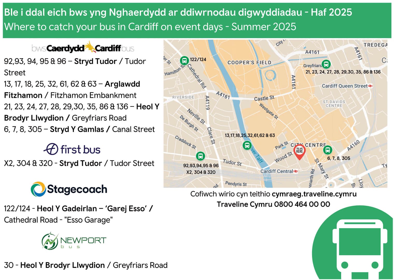 Where to catch your bus in Cardiff on event days - Summer 2025