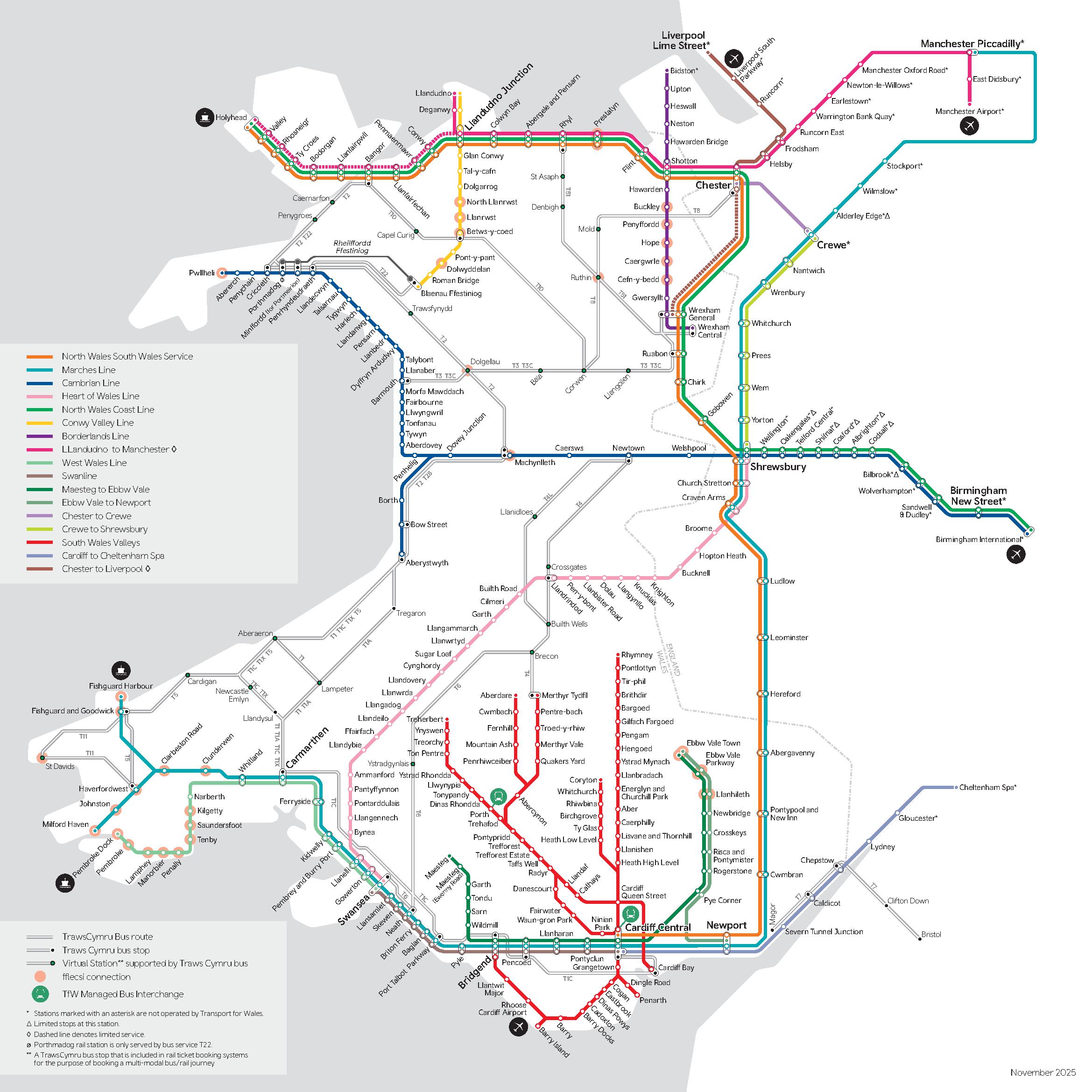 Map of the Transport for Wales (TfW) network with key