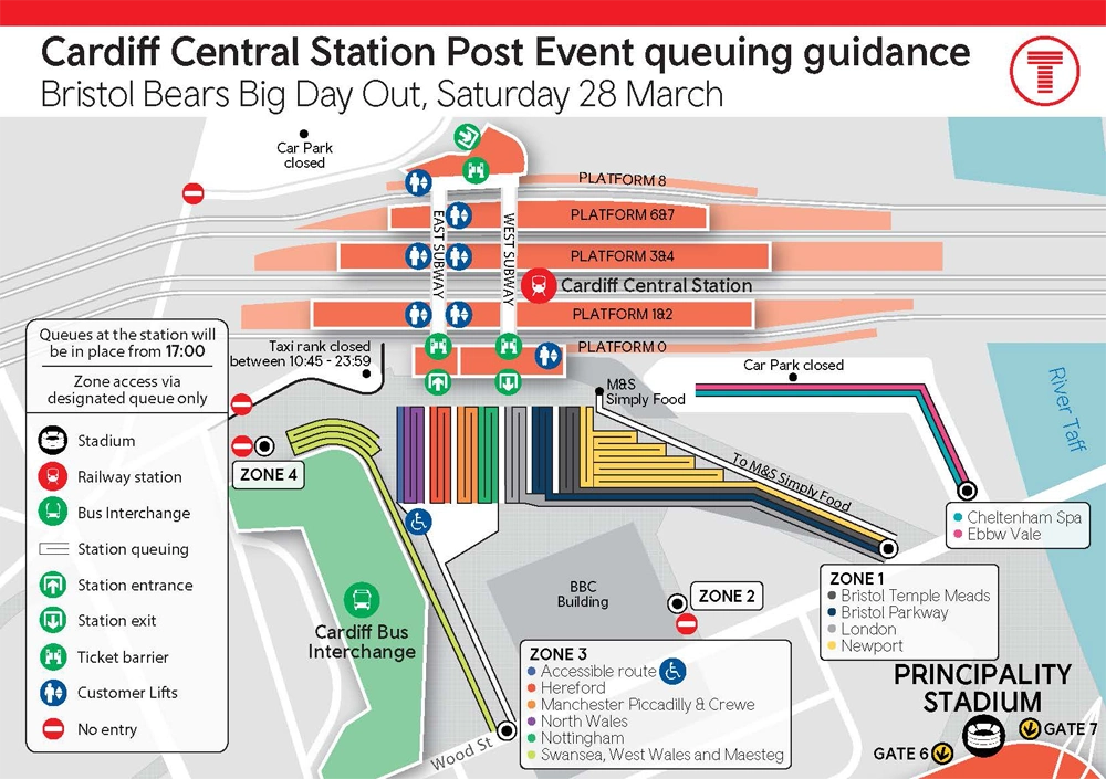 Cardiff Central station post event queing guidance