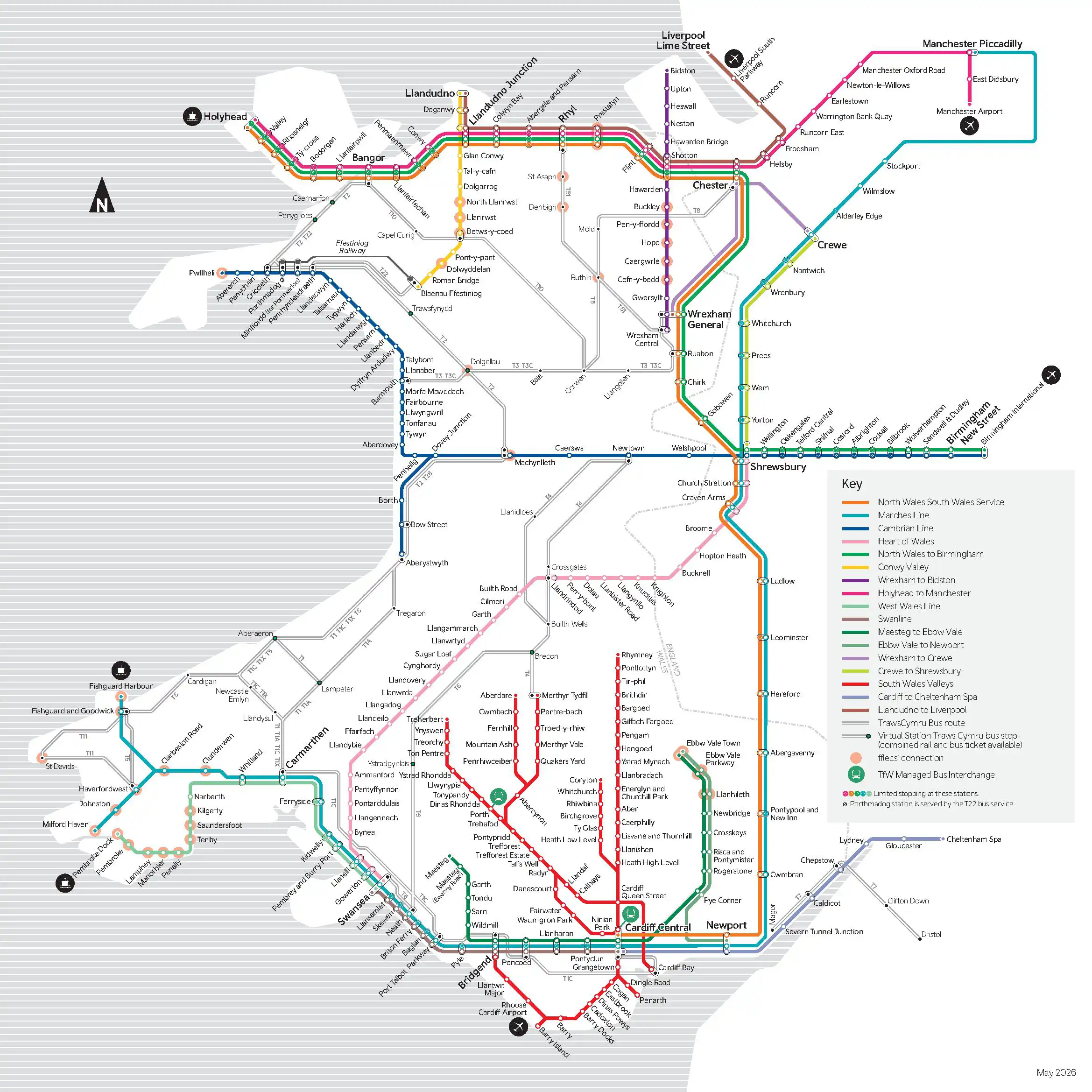Map of the Transport for Wales (TfW) network with key