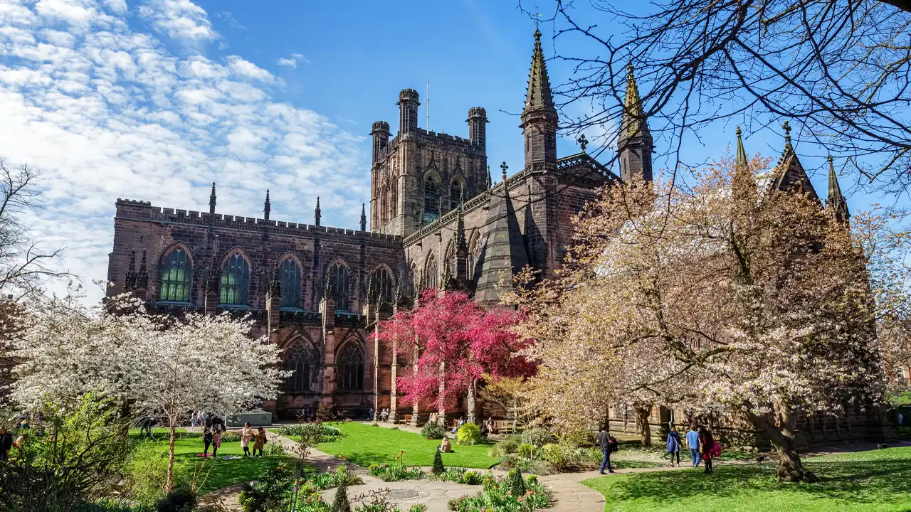 External view of the grounds and gardens at Chester Cathedral