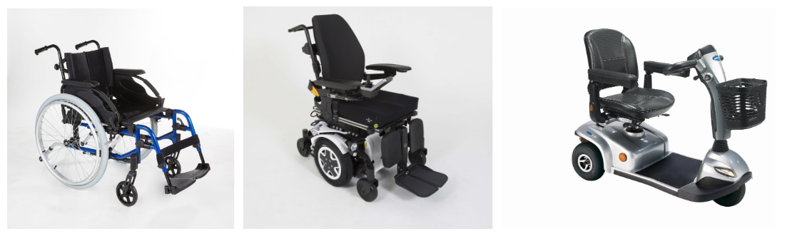 Images of 1. A Wheelchair 2. A motorised two wheel scooter 3. A motorised 3 wheel scooter
