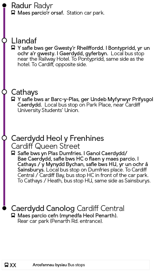 Radur - Caerdydd  Canolog trwy Llandaf | Radyr - Cardiff Central via Llandaf