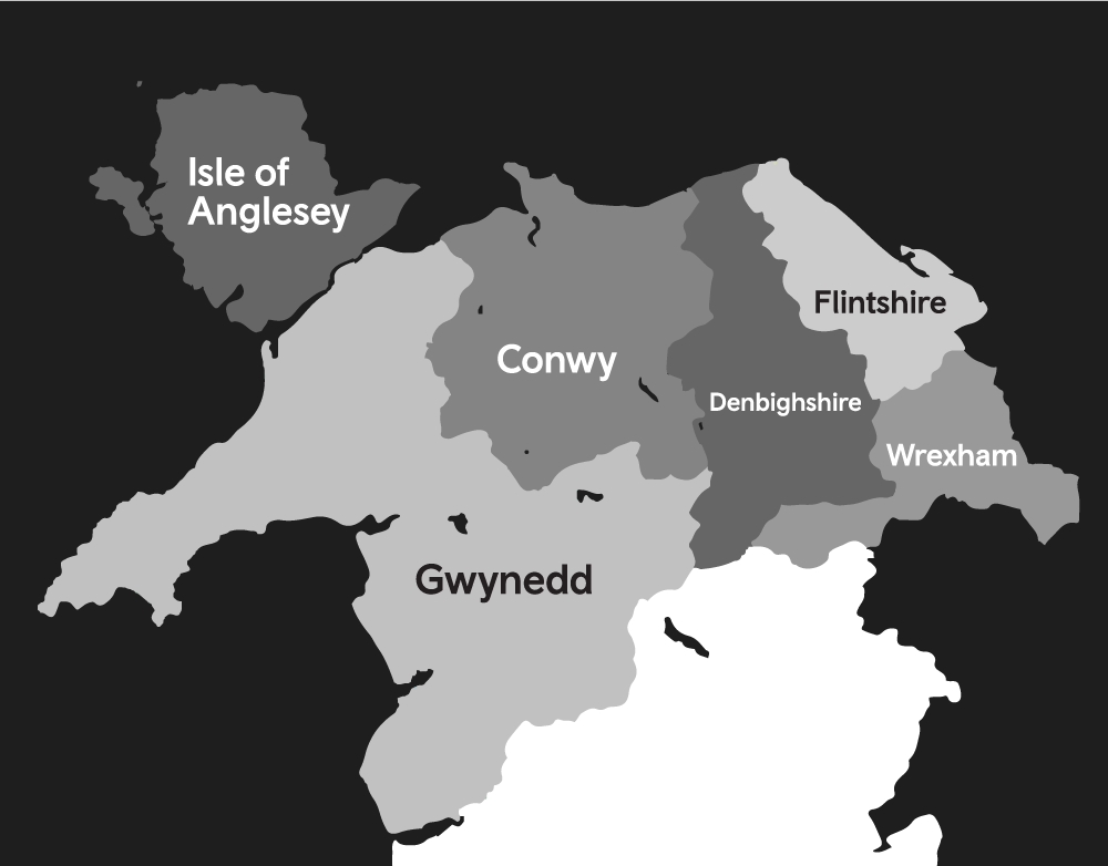 Map of the North wlaes counties where tap on tap off will be running, Isle of Anglesey, Conwy, Gwynedd, Denbighshire, Flintshire and Wrexham
