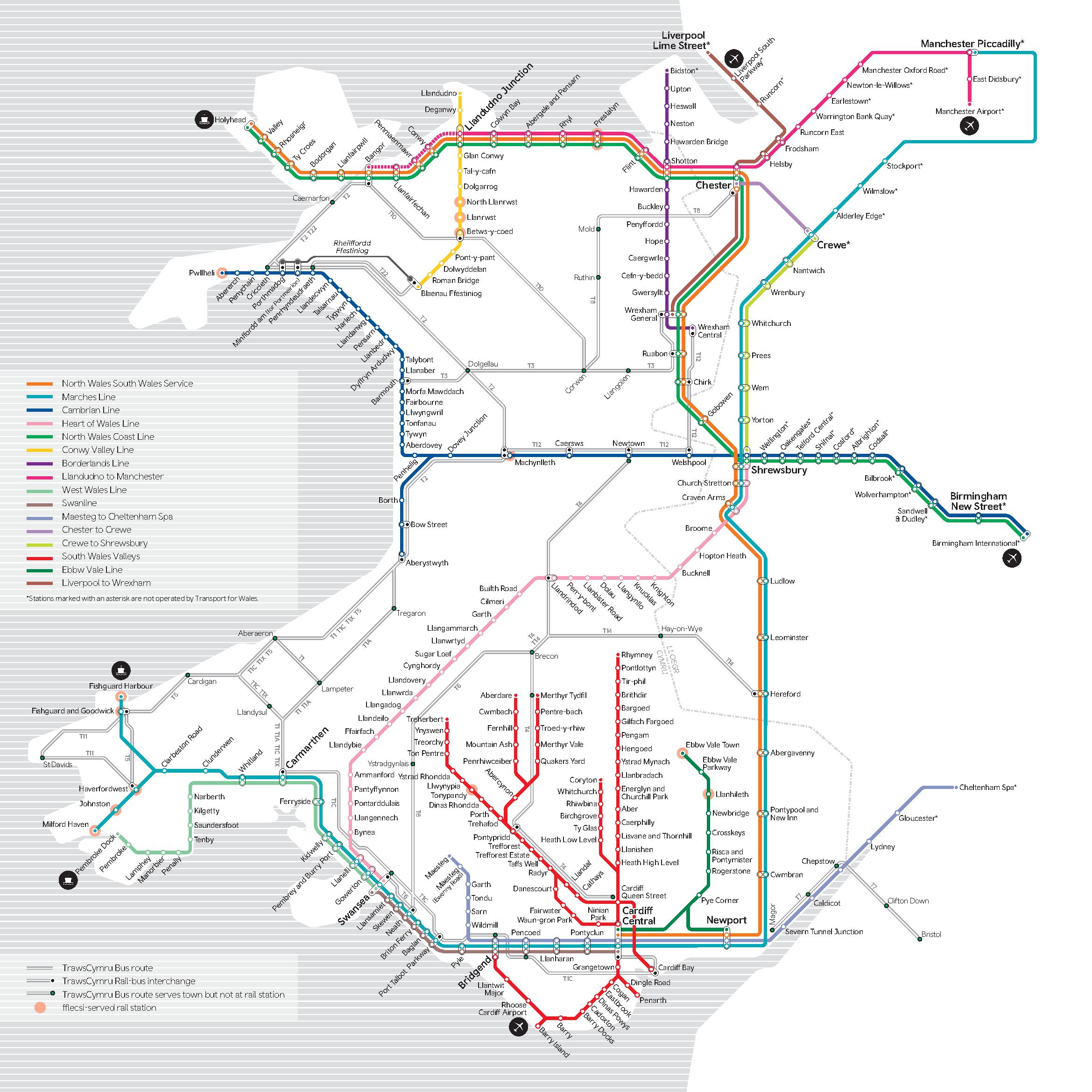 Map of the Transport for Wales (TfW) network with key
