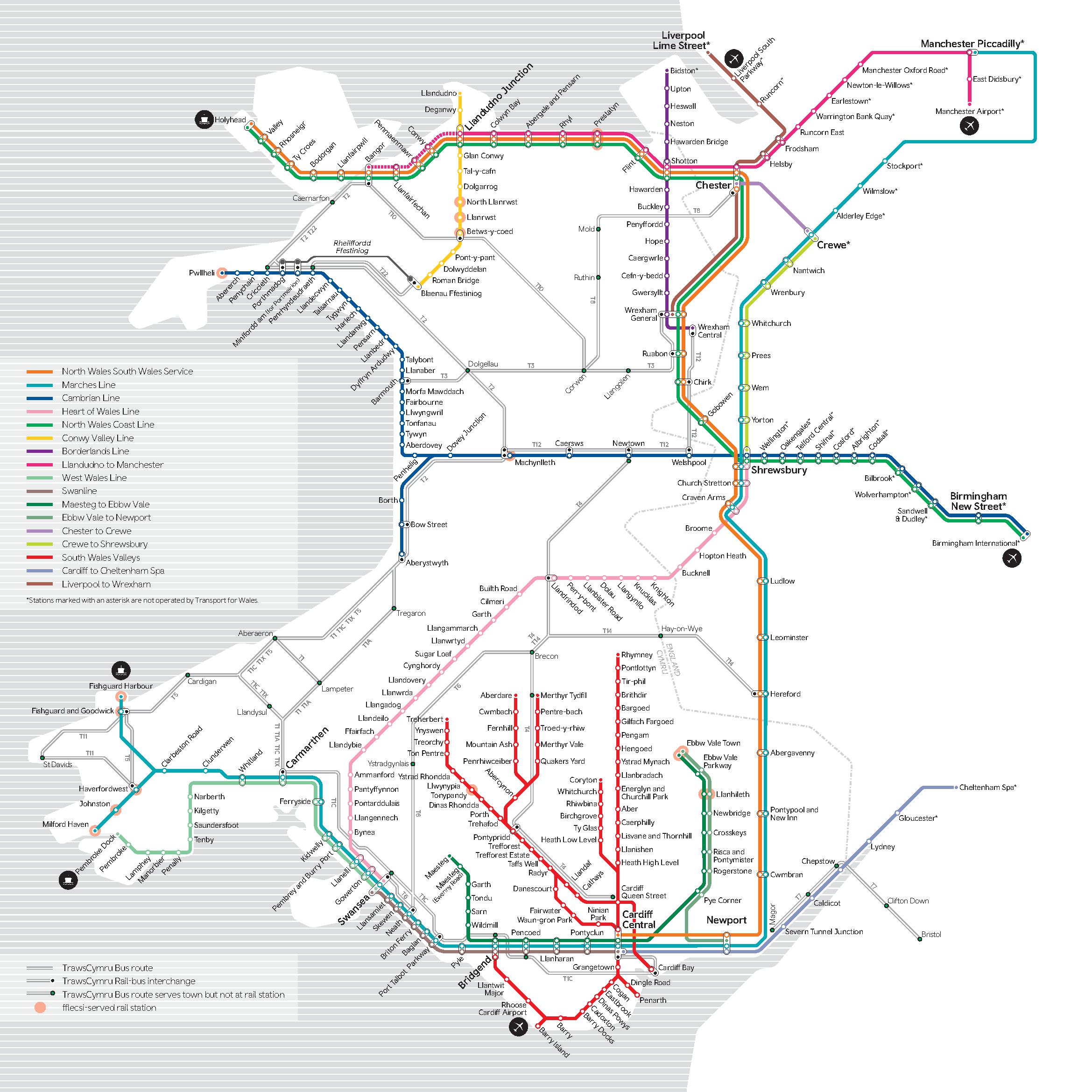 Map of the Transport for Wales (TfW) network with key