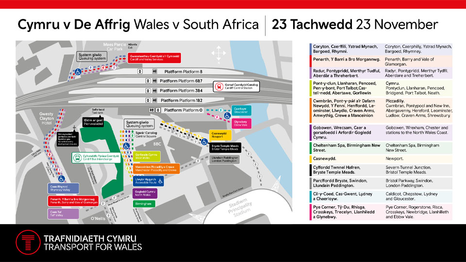 Map ciw Cymru v De Affrica | Wales v South Africa queue map