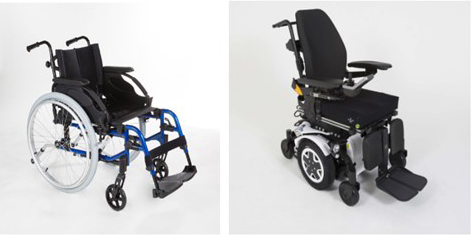 Images of 1. A wheelchair 2. A motorised two wheel scooter 