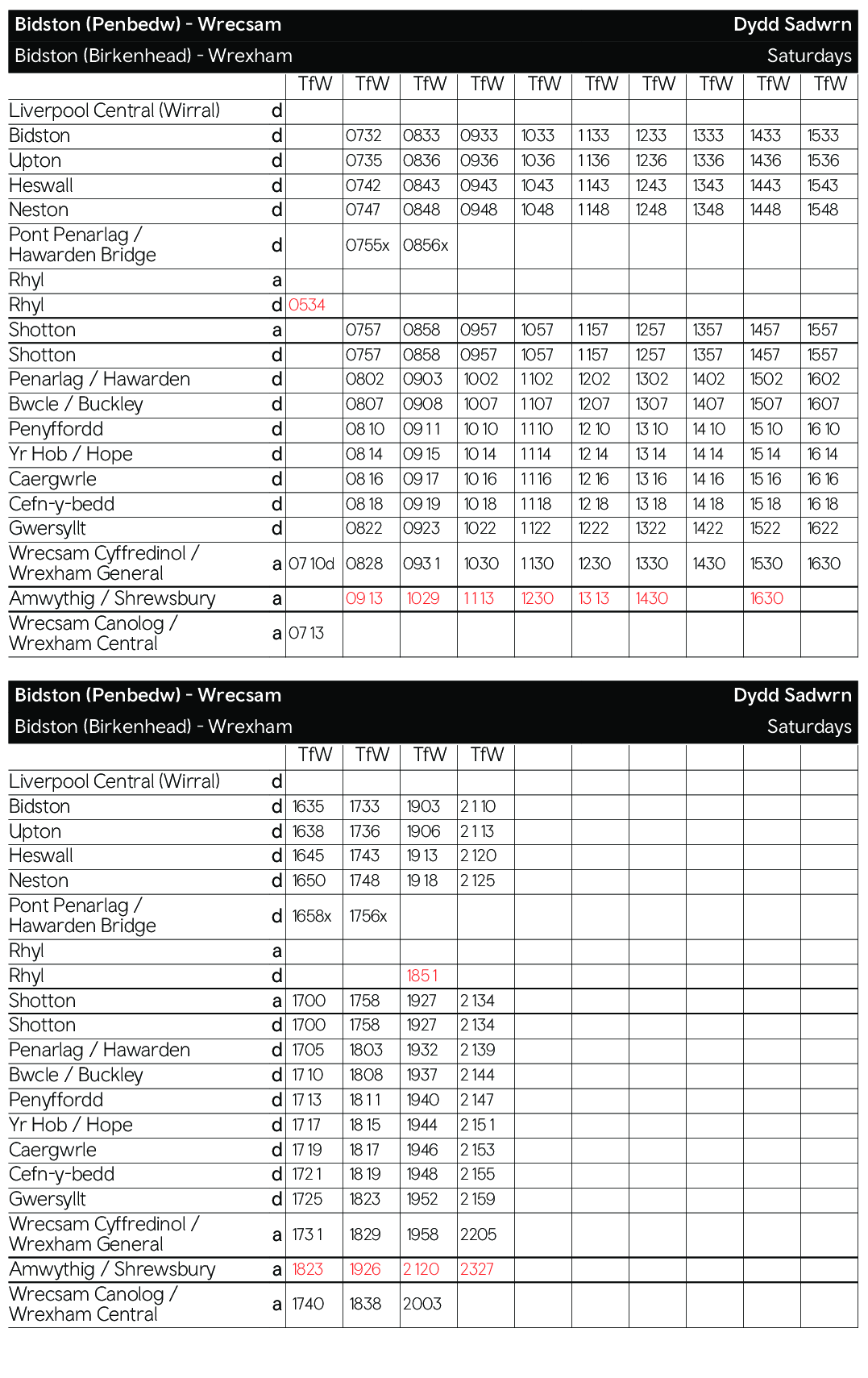 Table featured on the Bidston-Wrexham Saturdays timetable